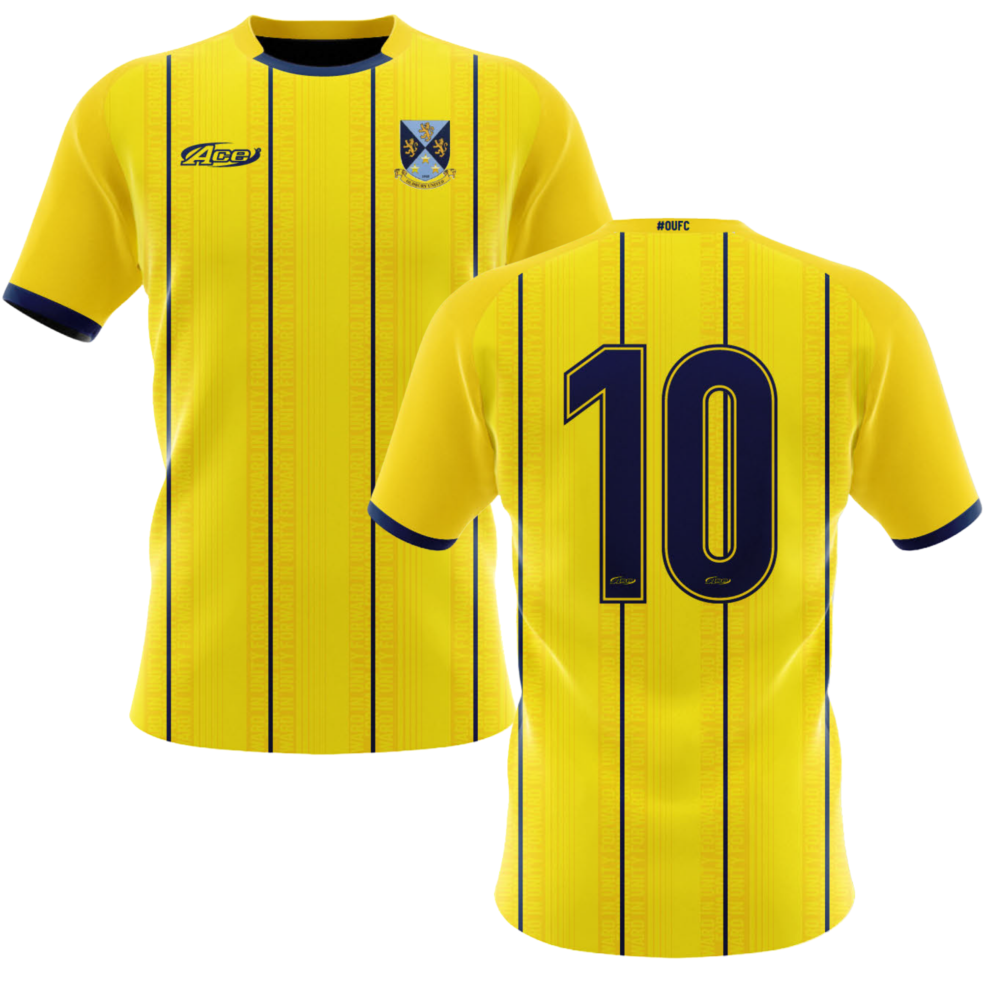 Yellow shirt with Navy trim, including club logo, sponsors front and back (if required) and numbers to back and front,