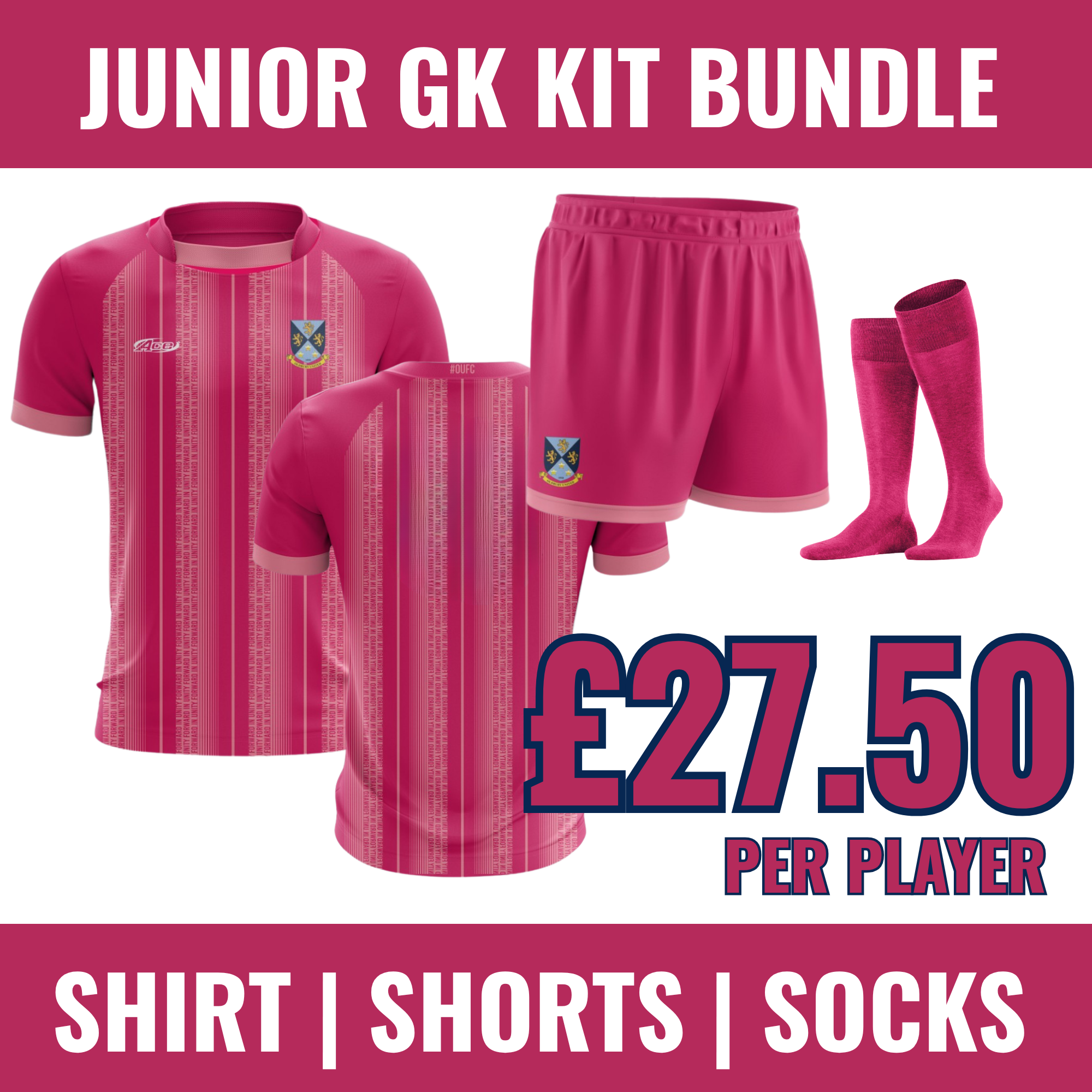OUFC Junior Pink GK Kit Bundle -Shirt, Shorts and Socks