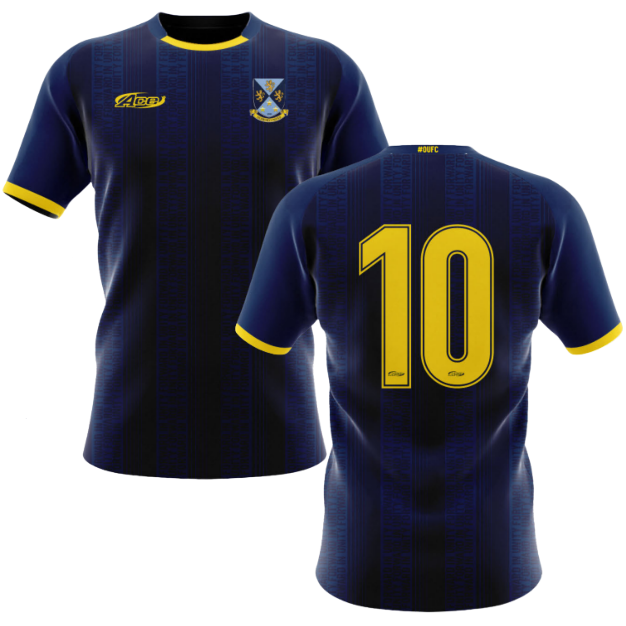 Navy shirt with yellow trim, including club logo, sponsors front and back (if required) and numbers to back and front,